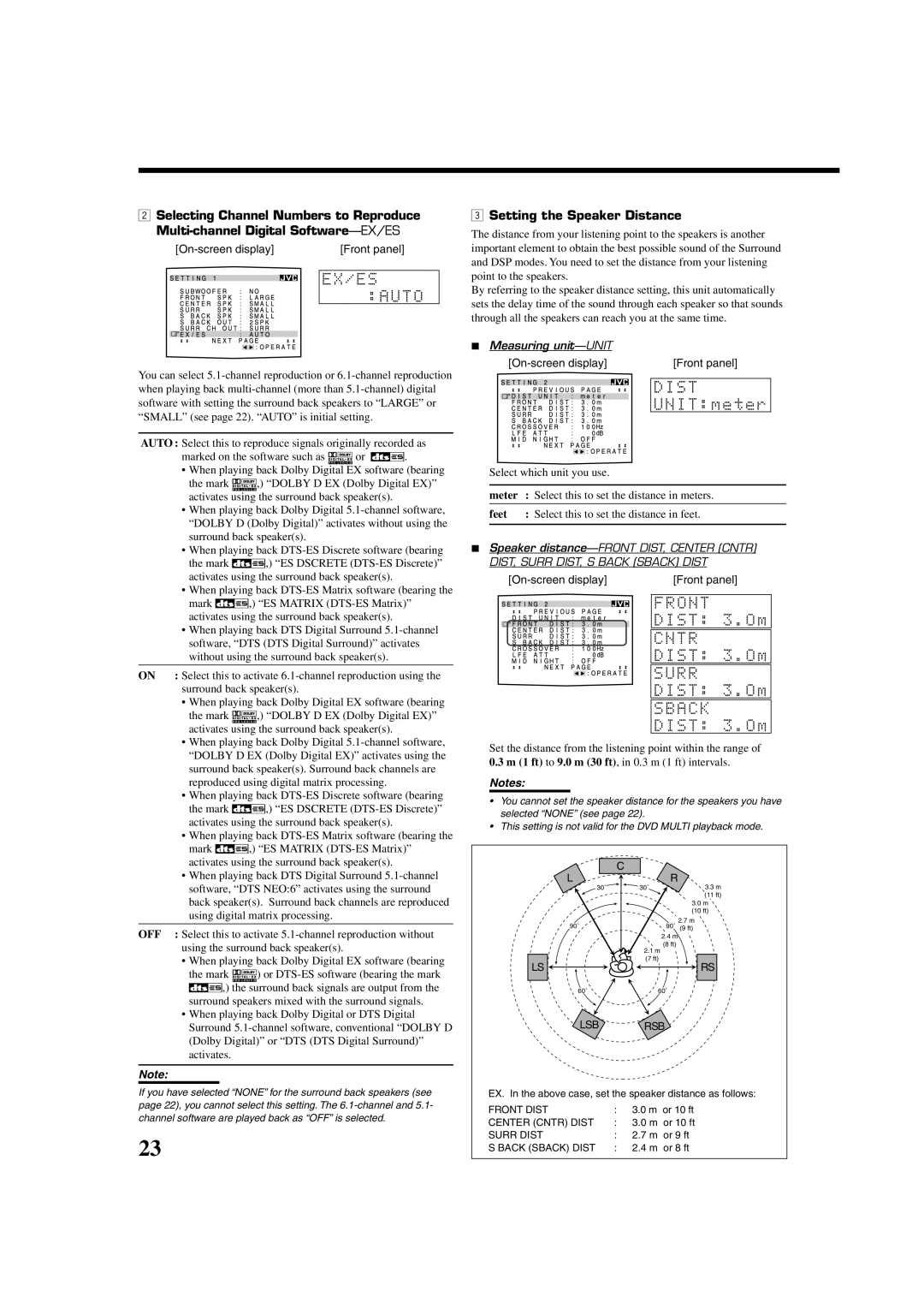 JVC RX-8020VBK manual Setting the Speaker Distance, Measuring unit-UNIT, Feet Select this to set the distance in feet 