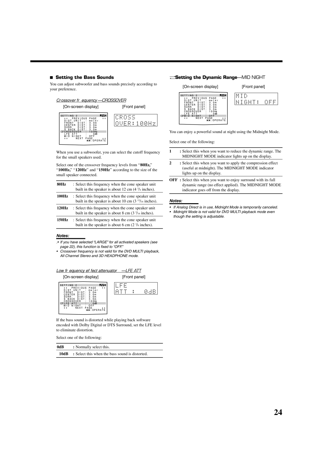 JVC RX-8020VBK manual Setting the Bass Sounds, Setting the Dynamic Range-MID Night, Crossover frequency-CROSSOVER 