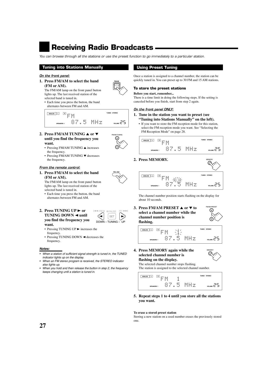 JVC RX-8020VBK manual Receiving Radio Broadcasts, Tuning into Stations Manually Using Preset Tuning 