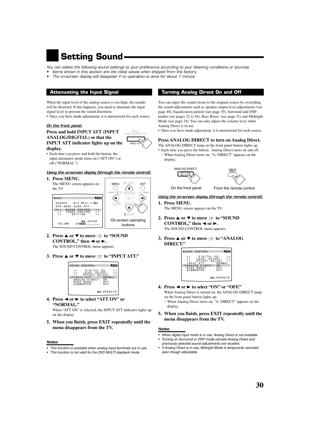 JVC RX-8020VBK manual Setting Sound, Attenuating the Input Signal, Turning Analog Direct On and Off 