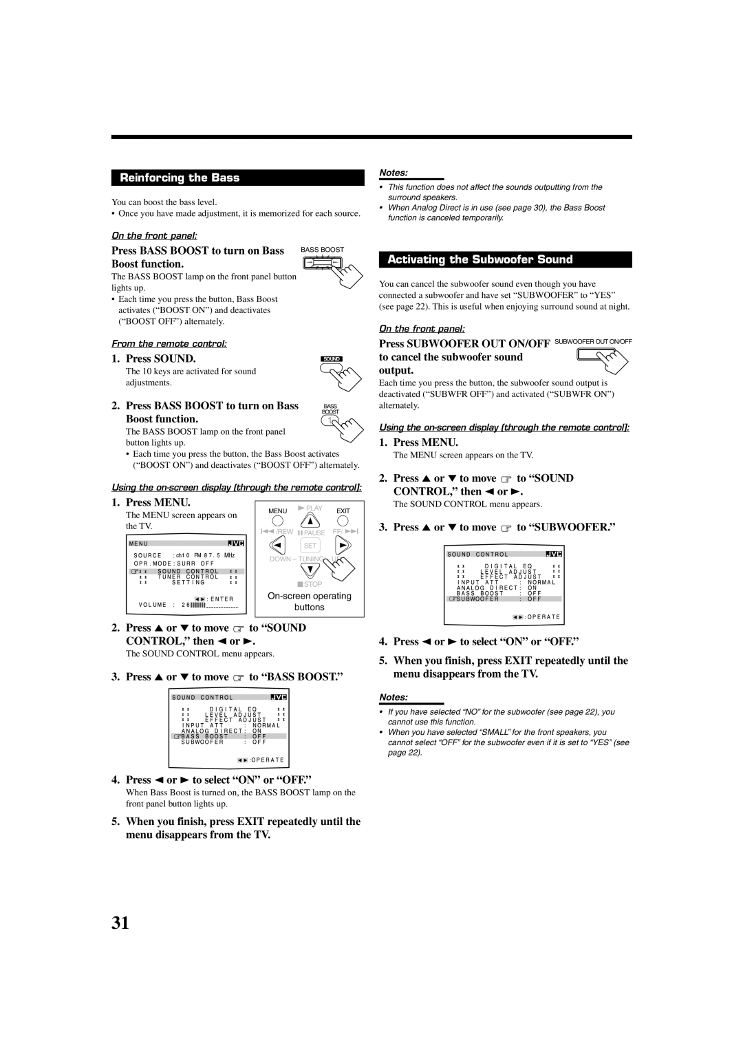 JVC RX-8020VBK manual Reinforcing the Bass, Activating the Subwoofer Sound 