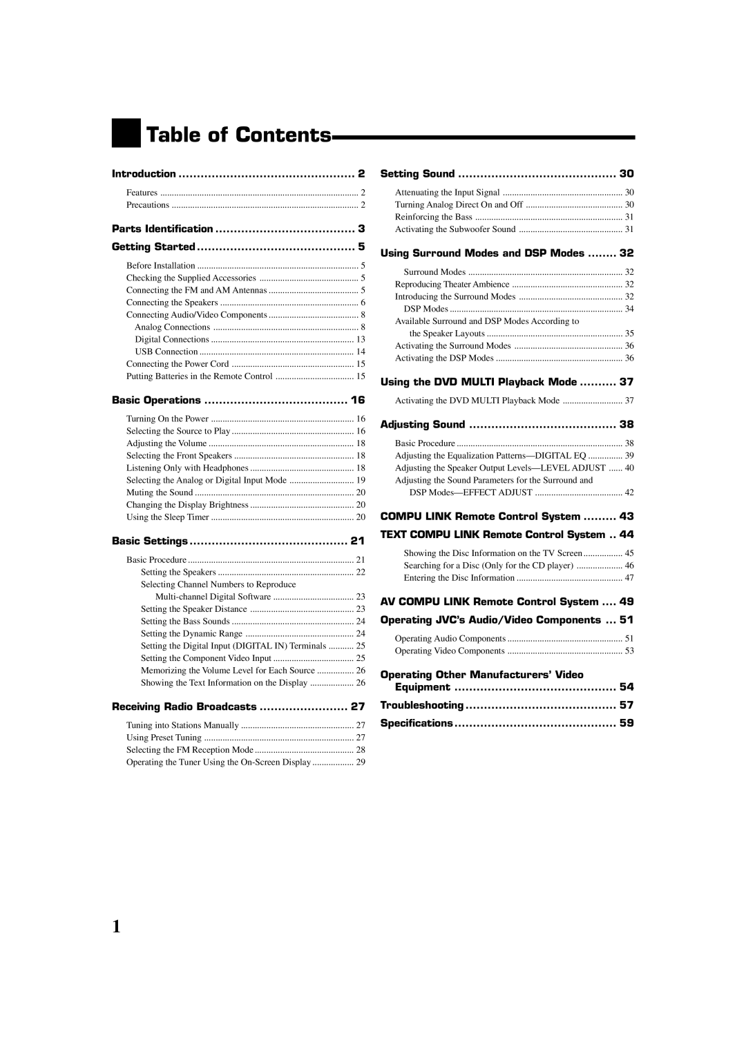 JVC RX-8020VBK manual Table of Contents 