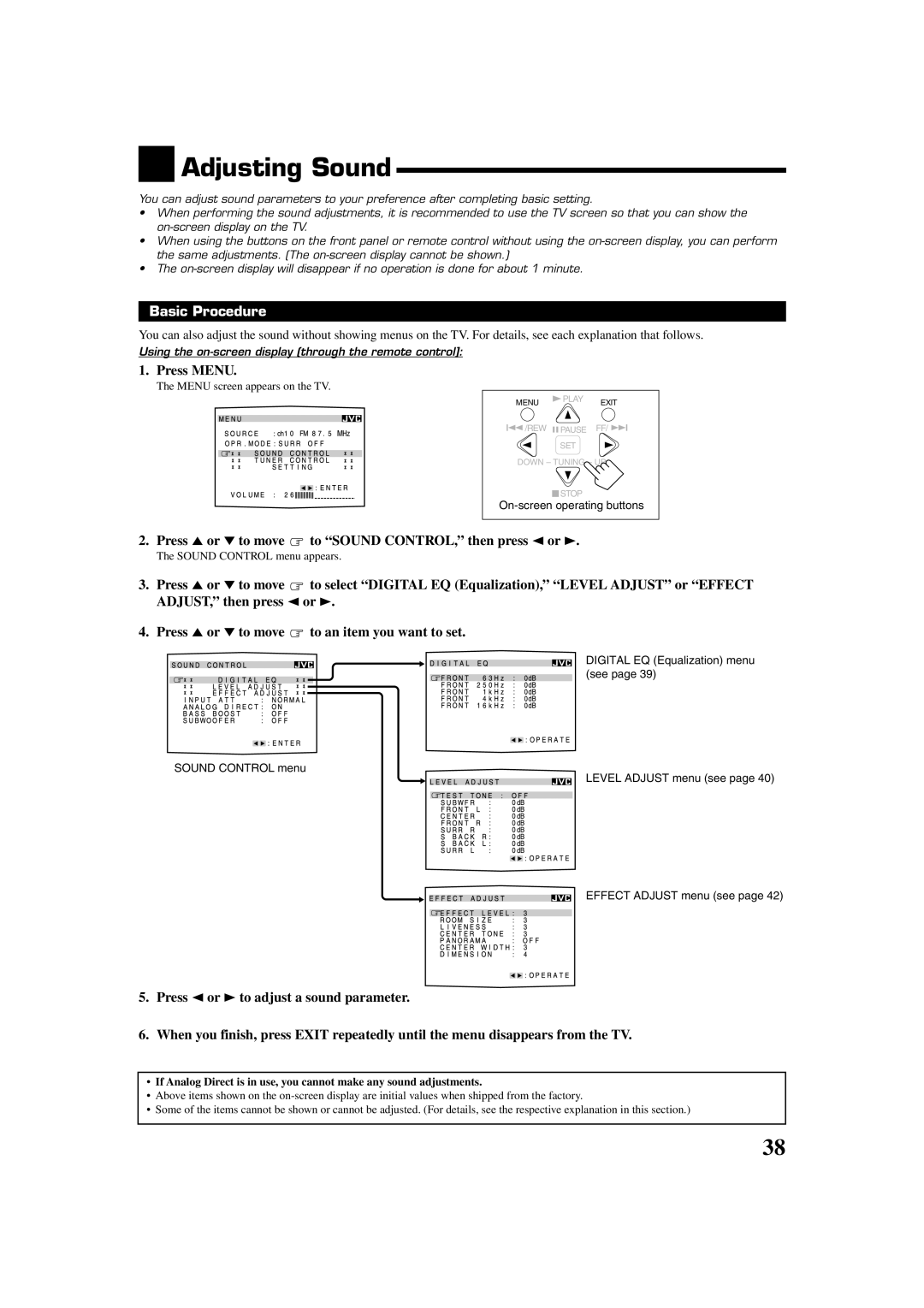 JVC RX-8020VBK manual Adjusting Sound, Press 5 or ∞ to move to Sound CONTROL, then press 2 or 