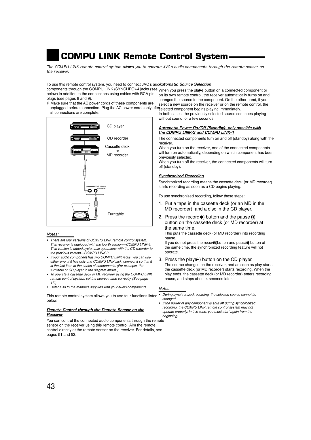 JVC RX-8020VBK manual Compu Link Remote Control System, Same time, Press the play 3 button on the CD player 