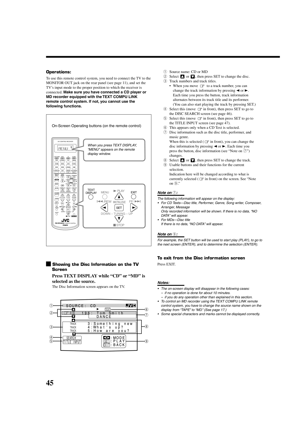 JVC RX-8020VBK manual Press Text Display while CD or MD is selected as the source, Operations 