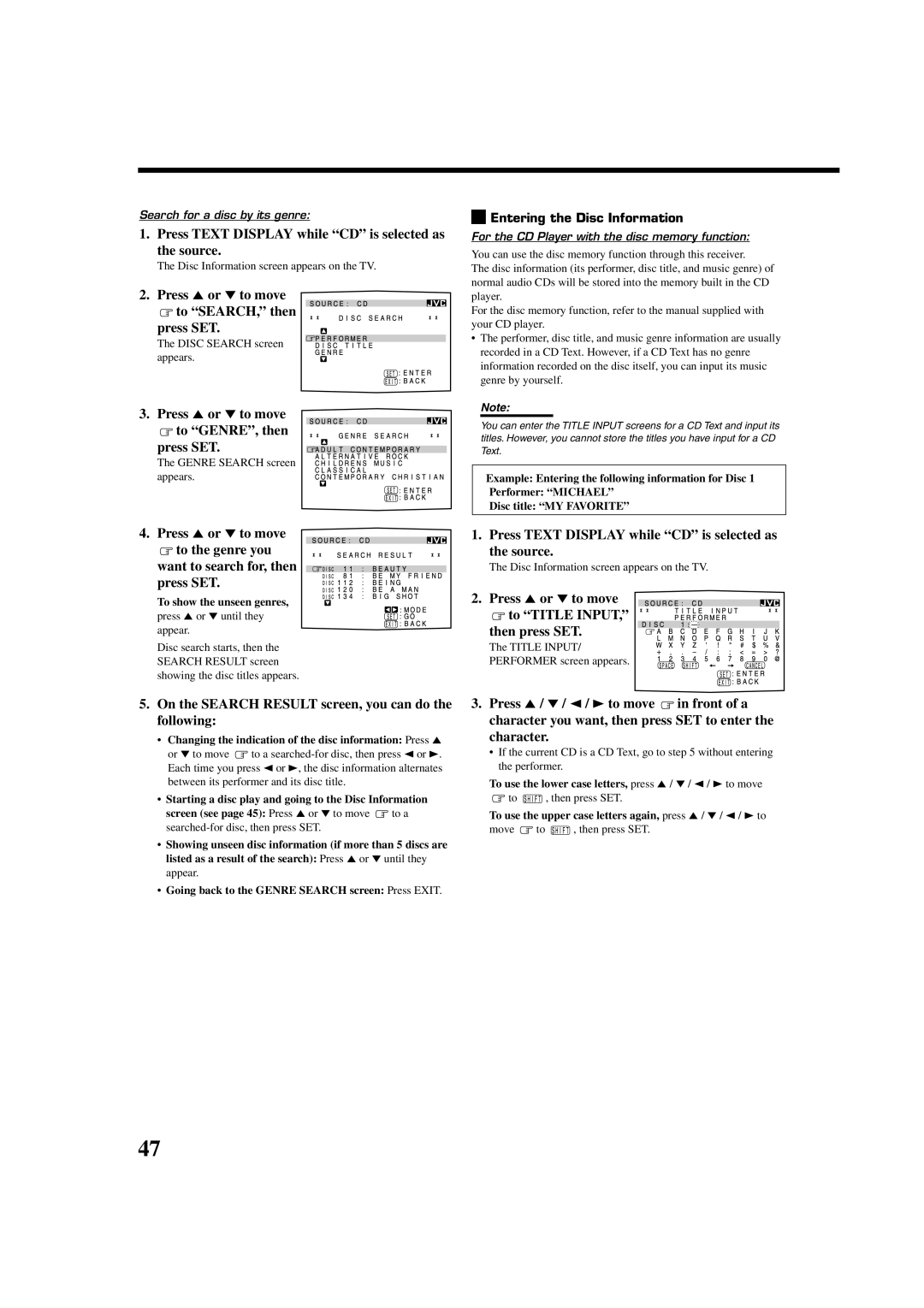 JVC RX-8020VBK manual Press 5 or ∞ to move To SEARCH, then Press SET, Press 5 or ∞ to move To GENRE, then Press SET 