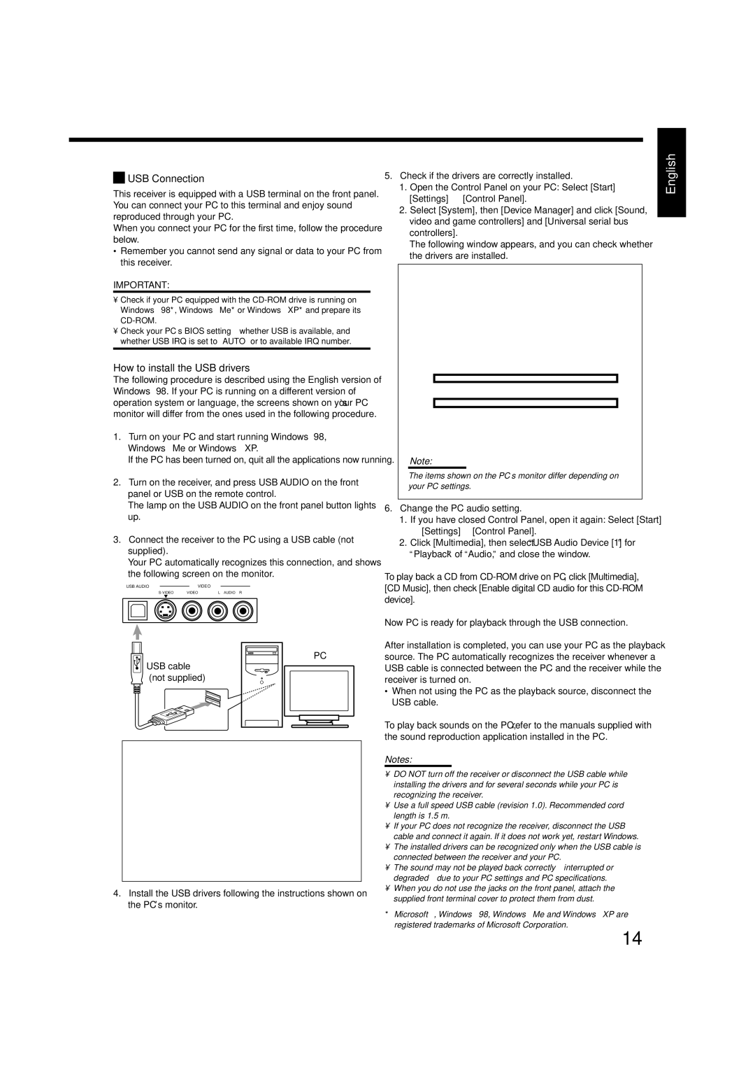 JVC RX-8020VBK manual USB Connection, USB cable not supplied 