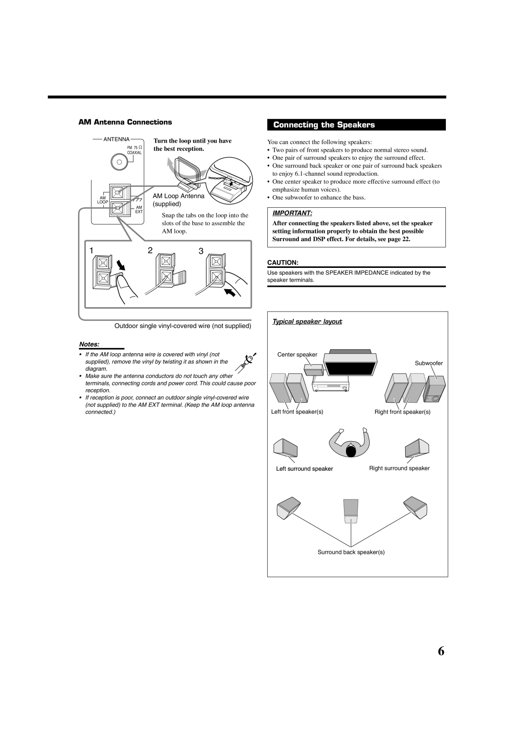 JVC RX-8020VBK manual Connecting the Speakers, AM Antenna Connections, Best reception, Typical speaker layout 