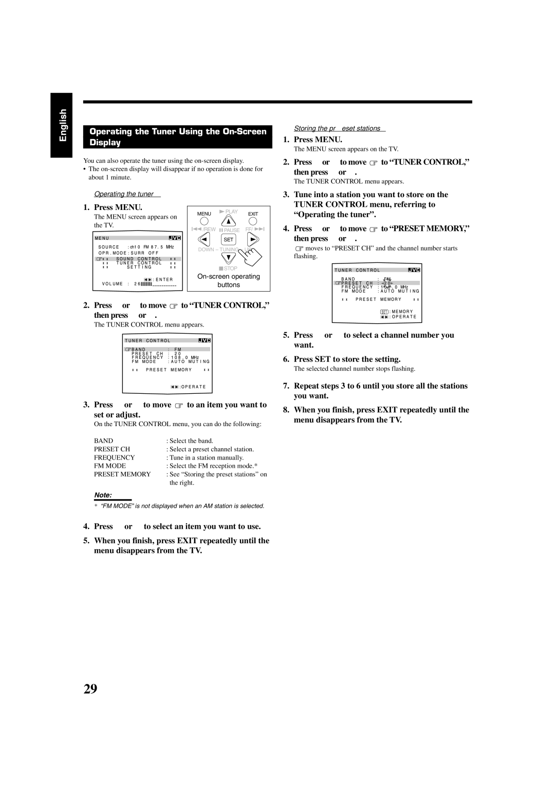 JVC RX-8020VBK manual Operating the Tuner Using the On-Screen Display 