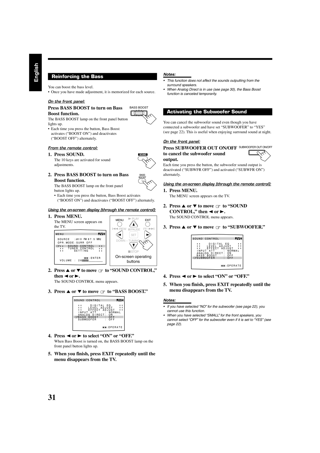JVC RX-8020VBK manual English, Reinforcing the Bass, Activating the Subwoofer Sound 