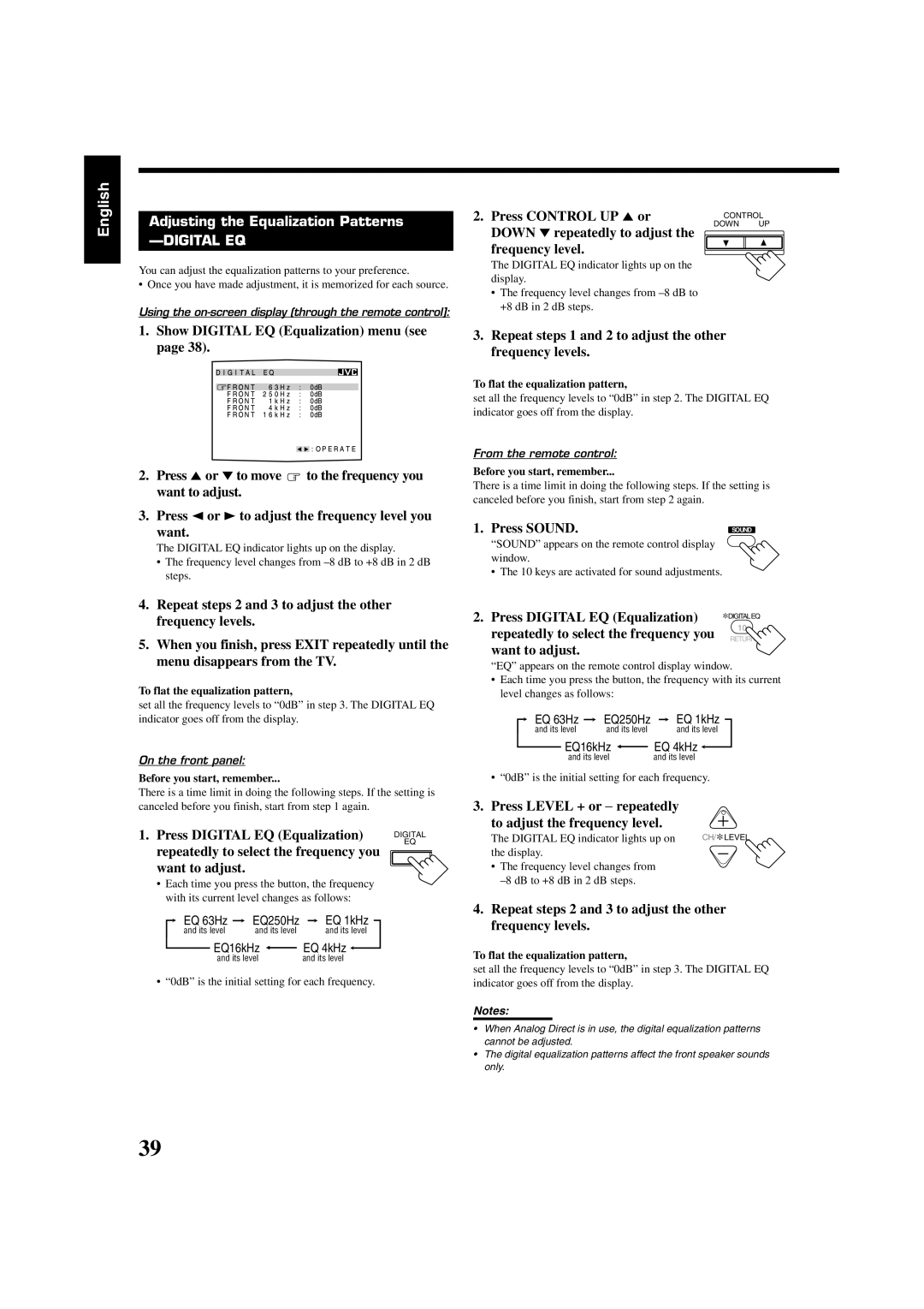 JVC RX-8020VBK manual English, Adjusting the Equalization Patterns DIGITAL EQ, Press SOUND 