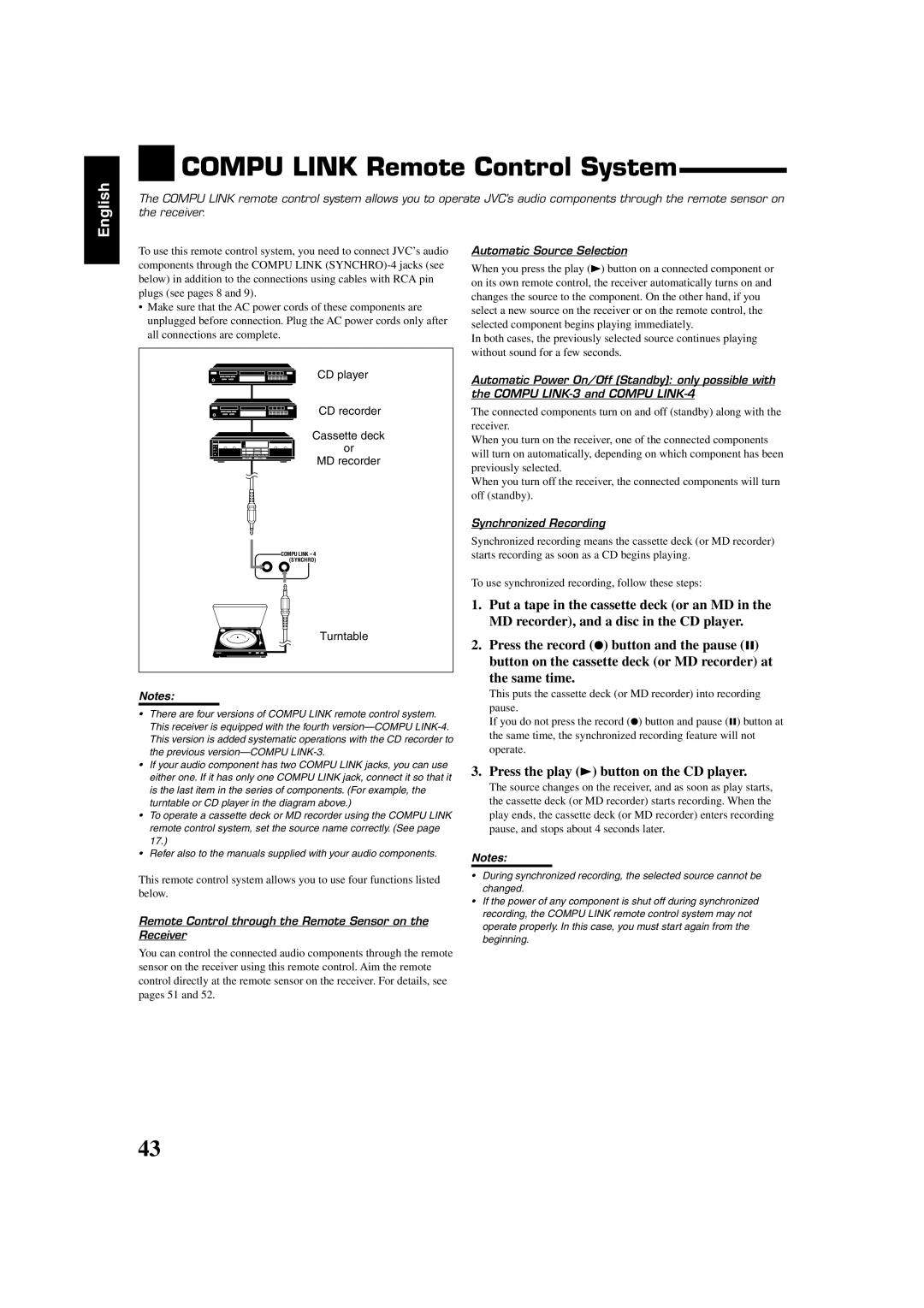 JVC RX-8020VBK manual COMPU LINK Remote Control System, English 