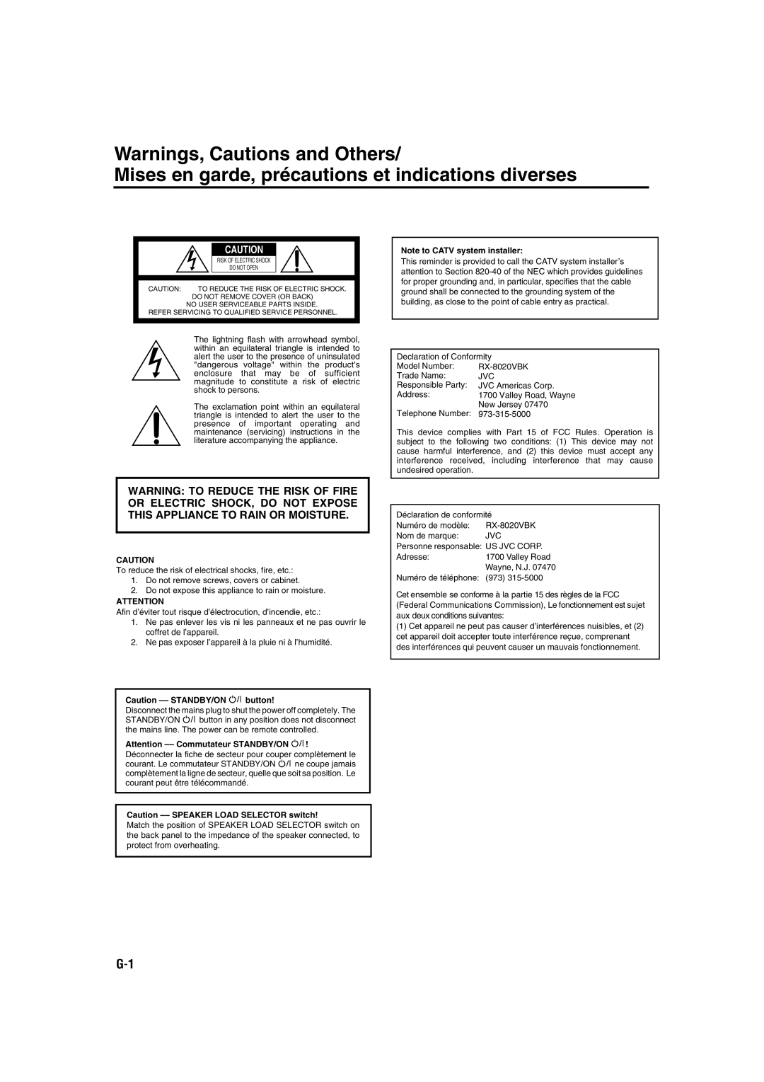 JVC RX-8020VBK manual Warnings, Cautions and Others, Mises en garde, précautions et indications diverses 