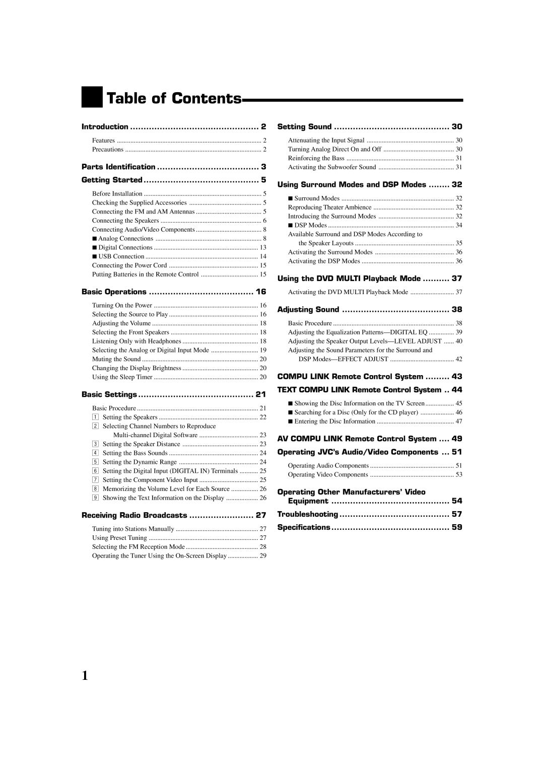 JVC RX-8020VBK manual Table of Contents 