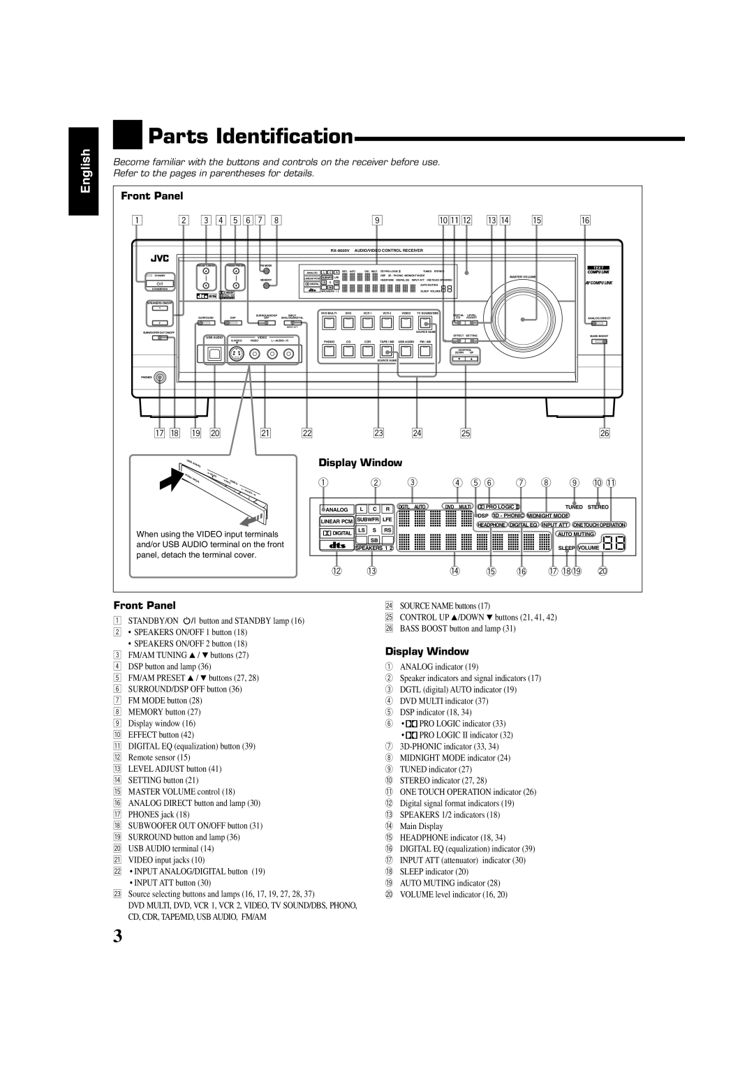 JVC RX-8020VBK manual Parts Identification, English, 2 3 4 5 67, pqw e r t, u i o, @ # $ % 