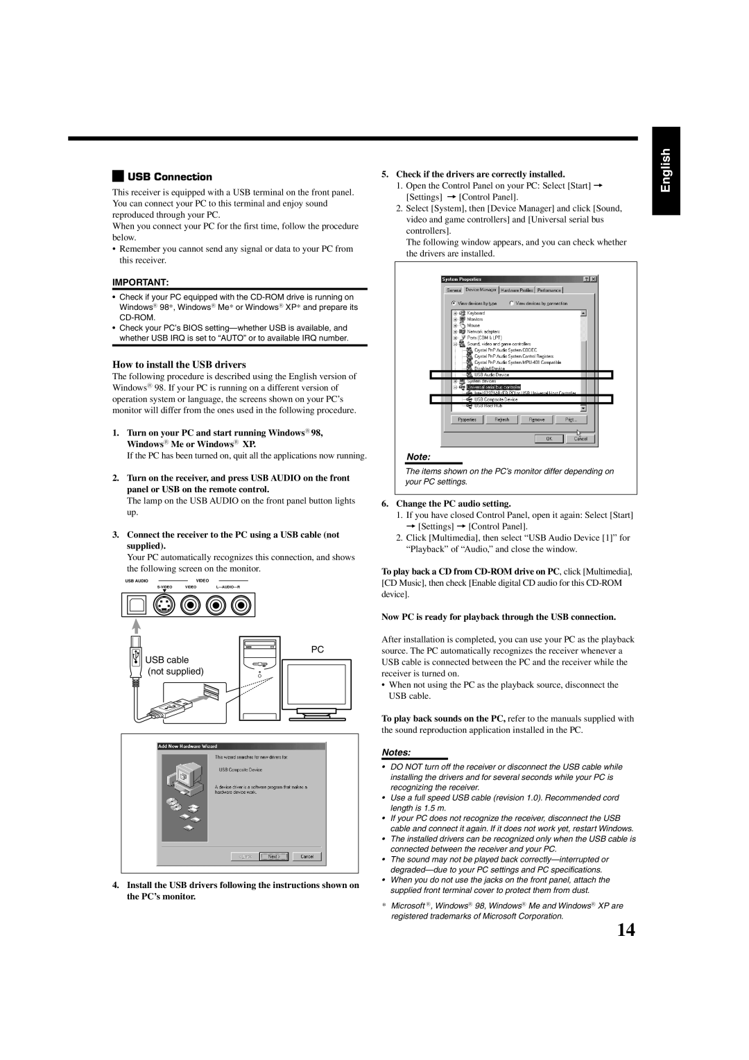 JVC RX-8020VBK manual English, Connect the receiver to the PC using a USB cable not supplied, Change the PC audio setting 