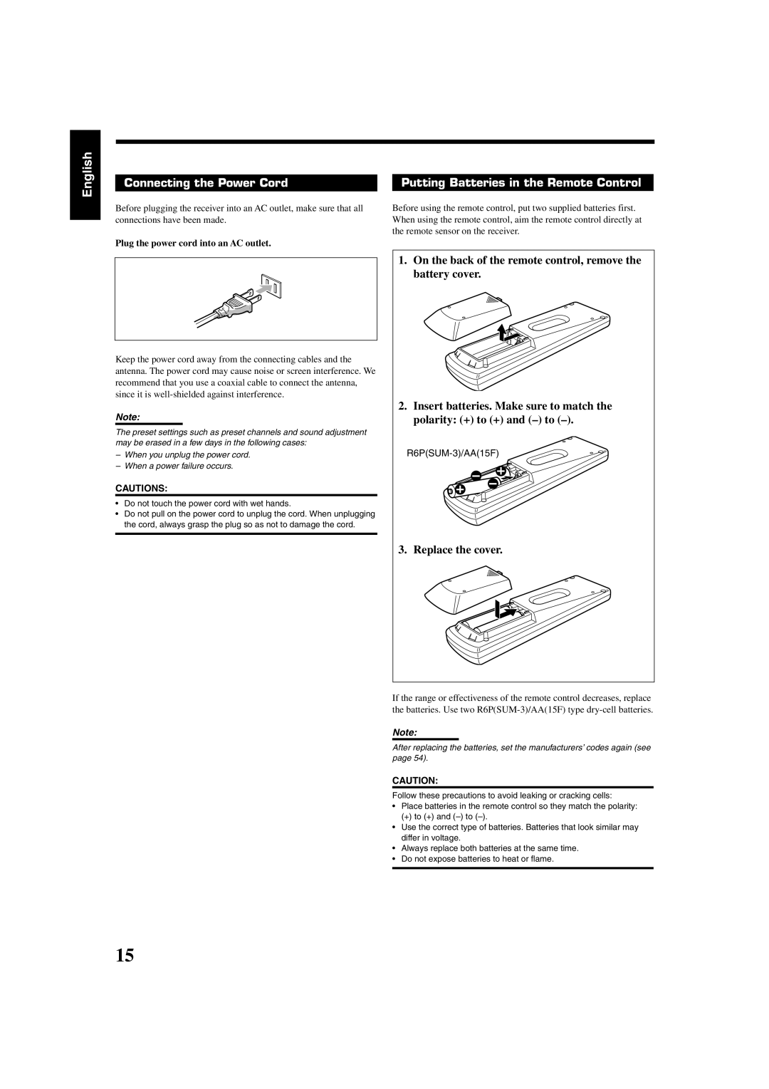 JVC RX-8020VBK manual English, Connecting the Power Cord, Putting Batteries in the Remote Control, Cautions 