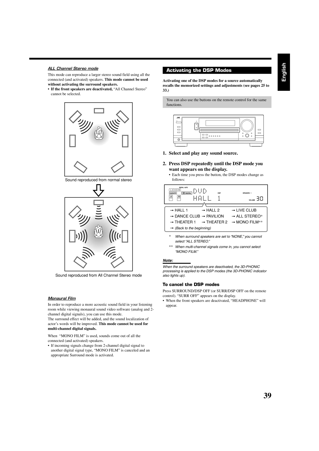 JVC RX-8030VBK, RX-7030VBK manual Activating the DSP Modes 