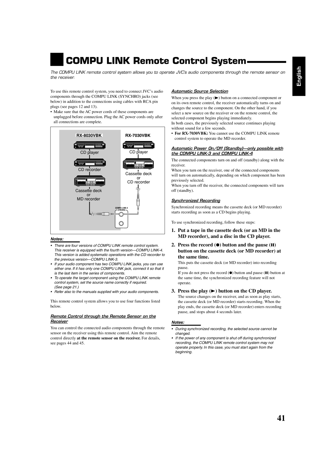 JVC RX-8030VBK, RX-7030VBK manual Compu Link Remote Control System, CD player Cassette deck CD recorder 