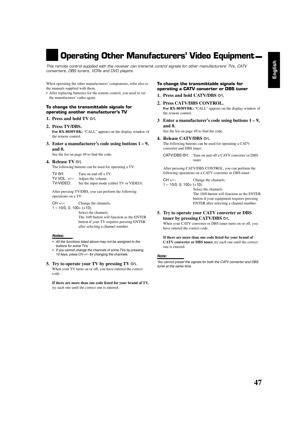 JVC RX-8030VBK Press and hold CATV/DBS, To change the transmittable signals for, Operating a Catv converter or DBS tuner 