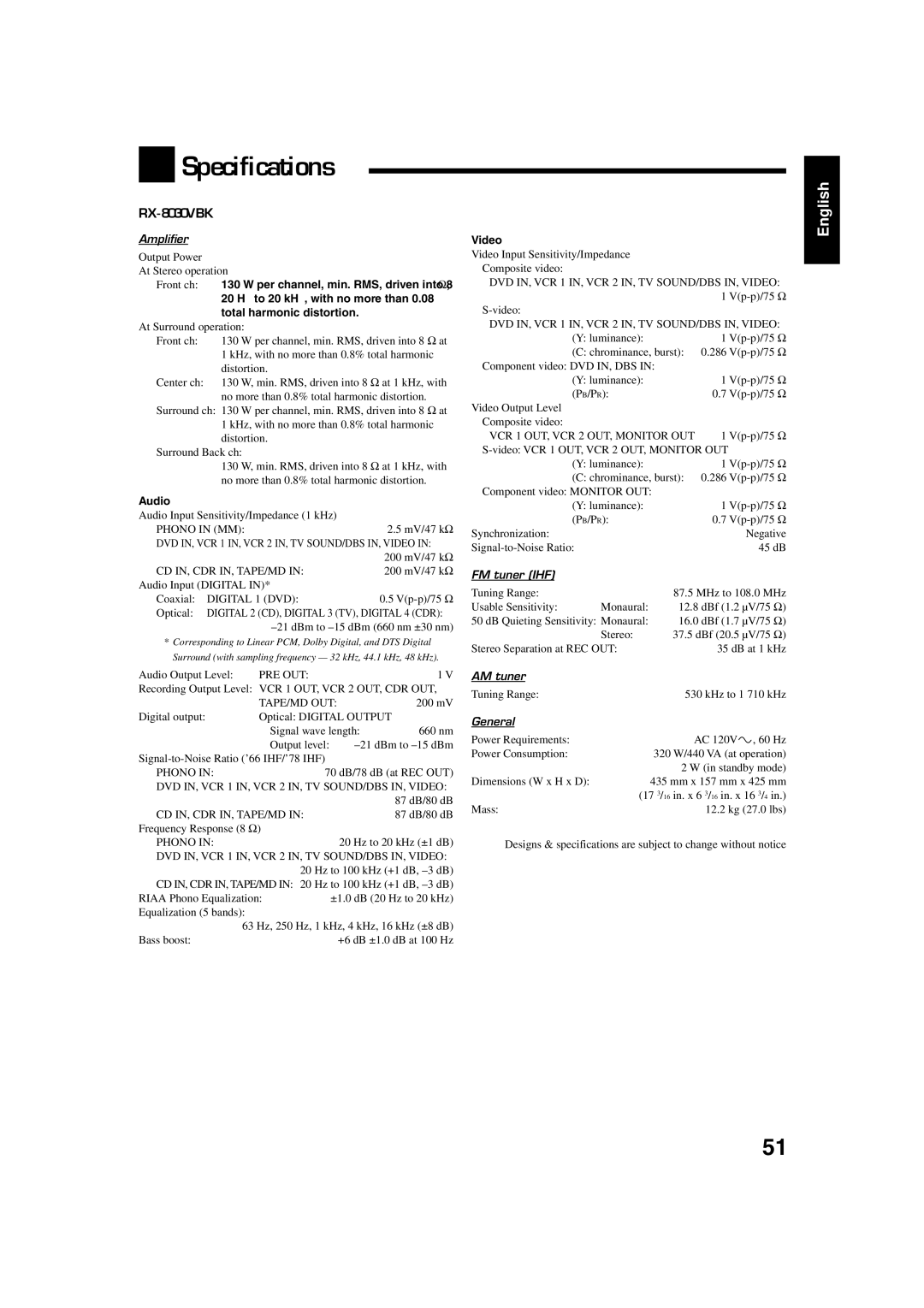 JVC RX-8030VBK, RX-7030VBK manual Specifications 