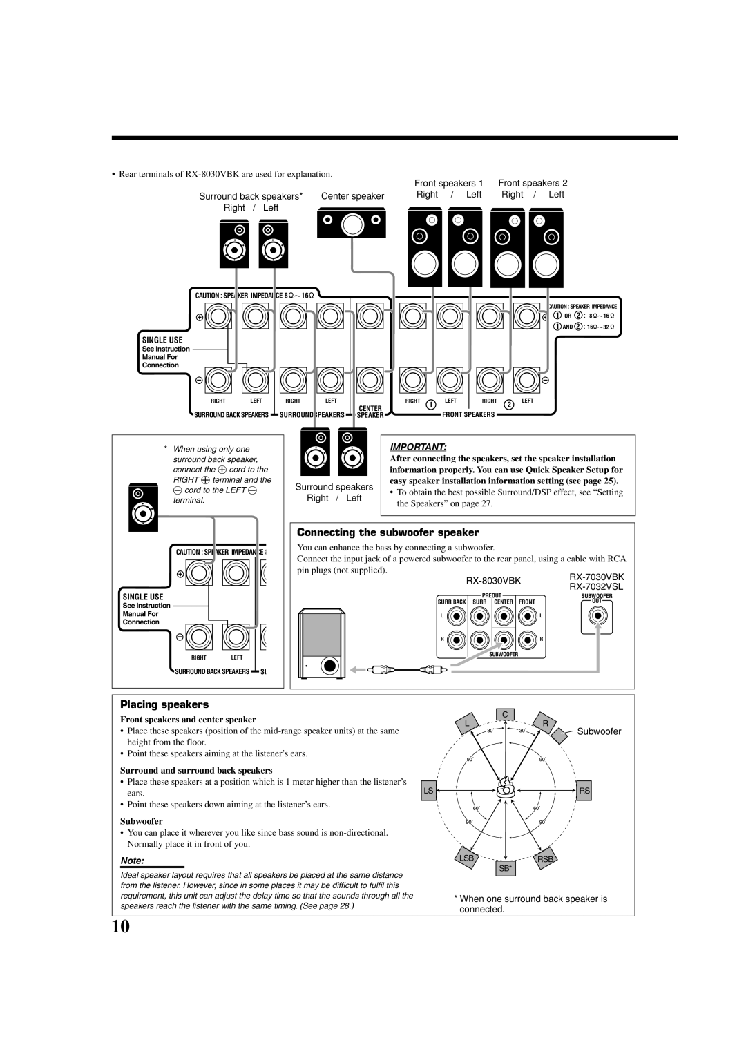 JVC RX-8030VBK, RX-7030VBK manual Connecting the subwoofer speaker, Placing speakers, Right / Left 