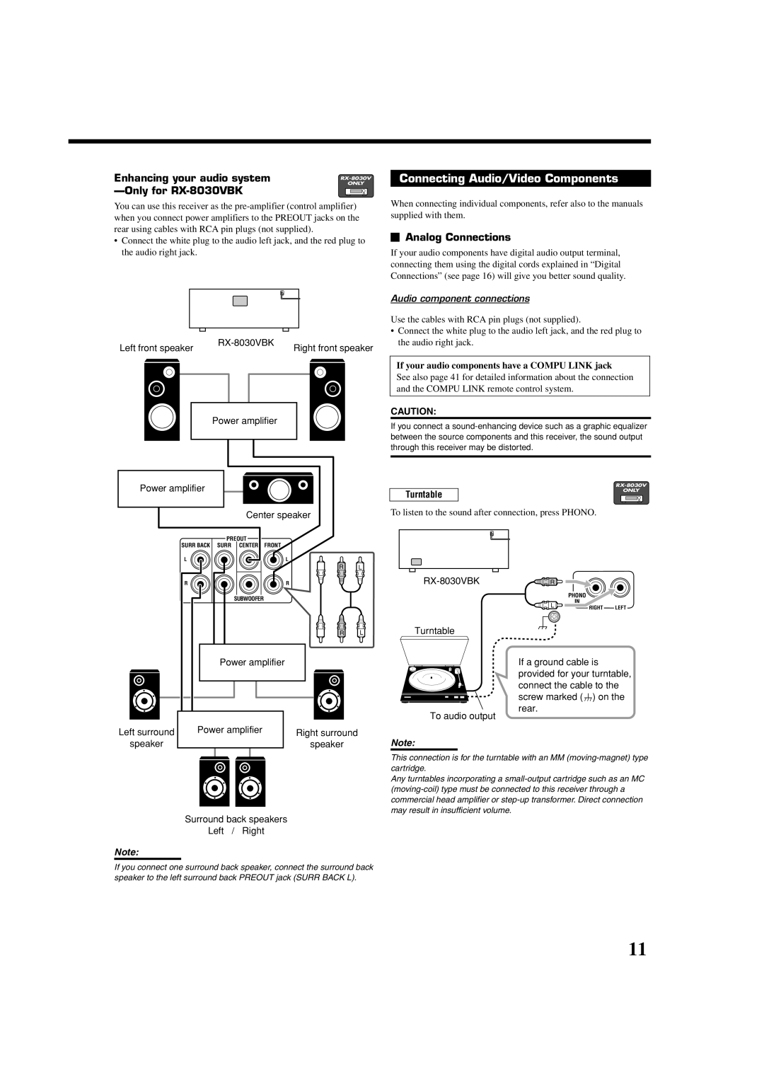 JVC RX-7030VBK Connecting Audio/Video Components, Enhancing your audio system, Only for RX-8030VBK, Analog Connections 