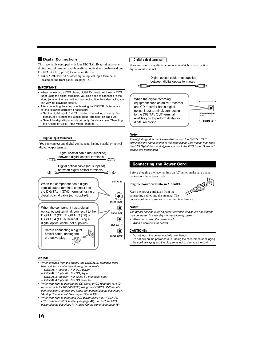 JVC RX-8030VBK manual Connecting the Power Cord, Digital Connections, Digital output terminal, Digital input terminals 