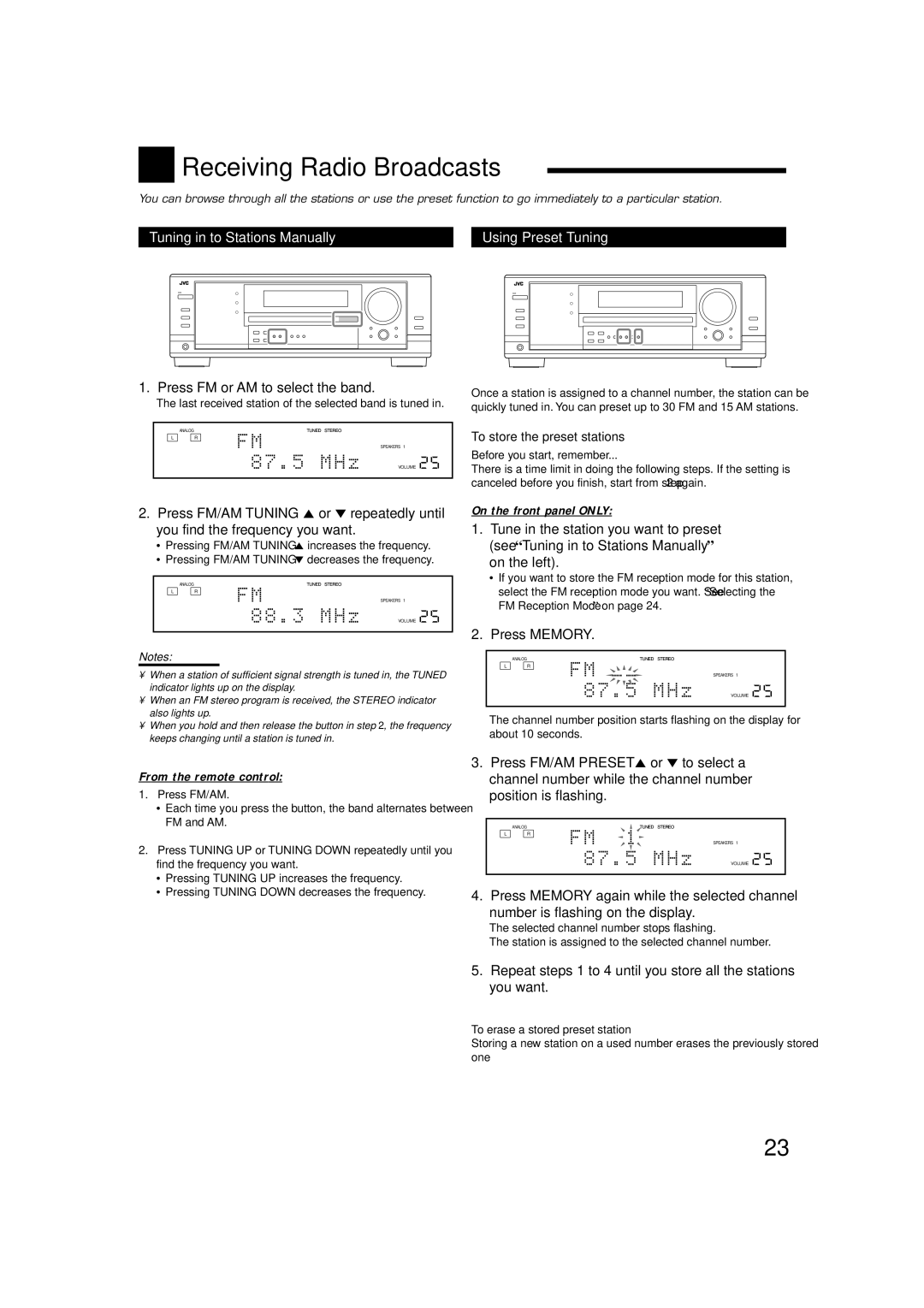 JVC RX-7030VBK, RX-8030VBK Receiving Radio Broadcasts, Tuning in to Stations Manually Using Preset Tuning, Press Memory 