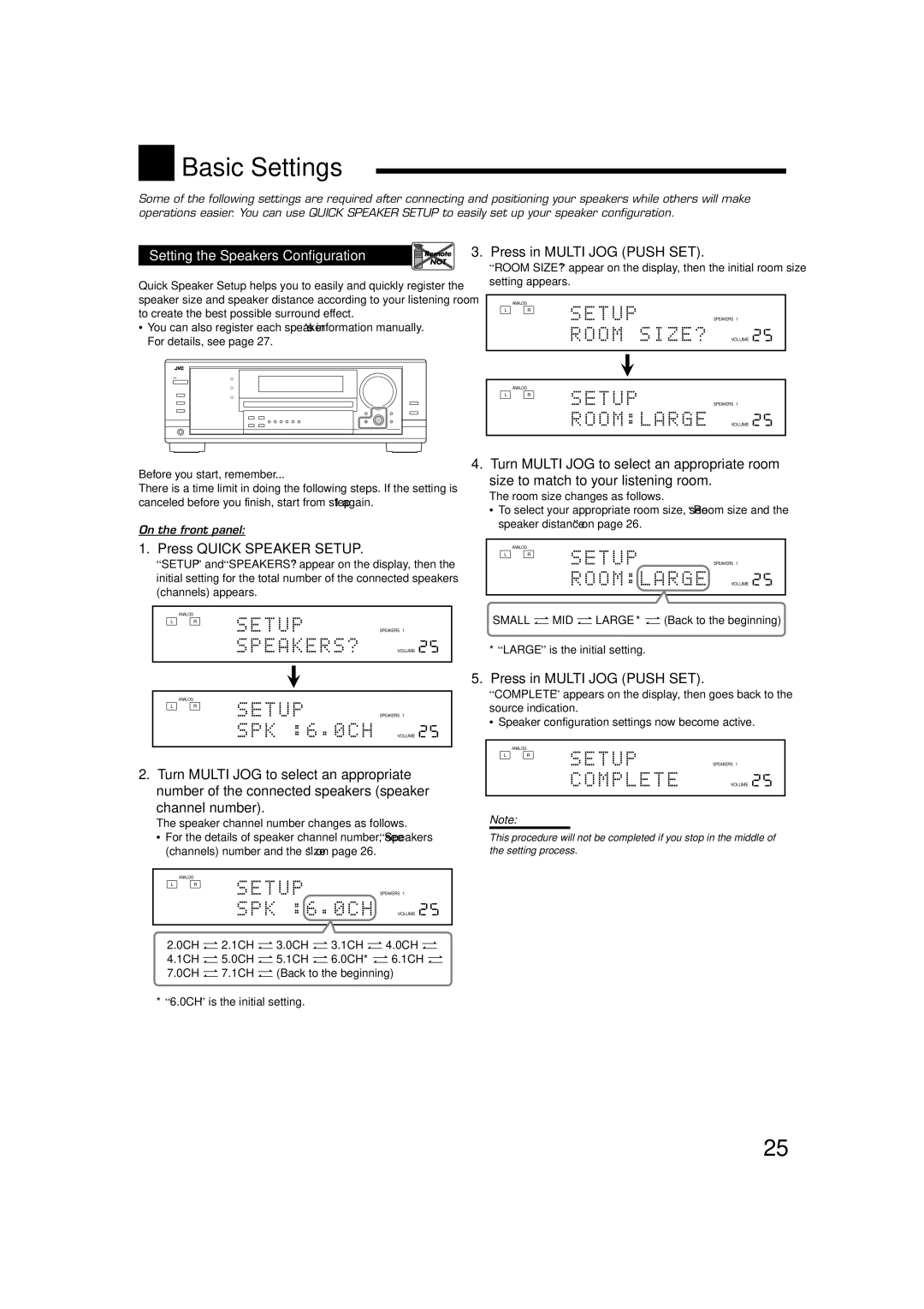 JVC RX-7030VBK Basic Settings, Setting the Speakers Configuration Remote, Press in Multi JOG Push SET, Channel number 