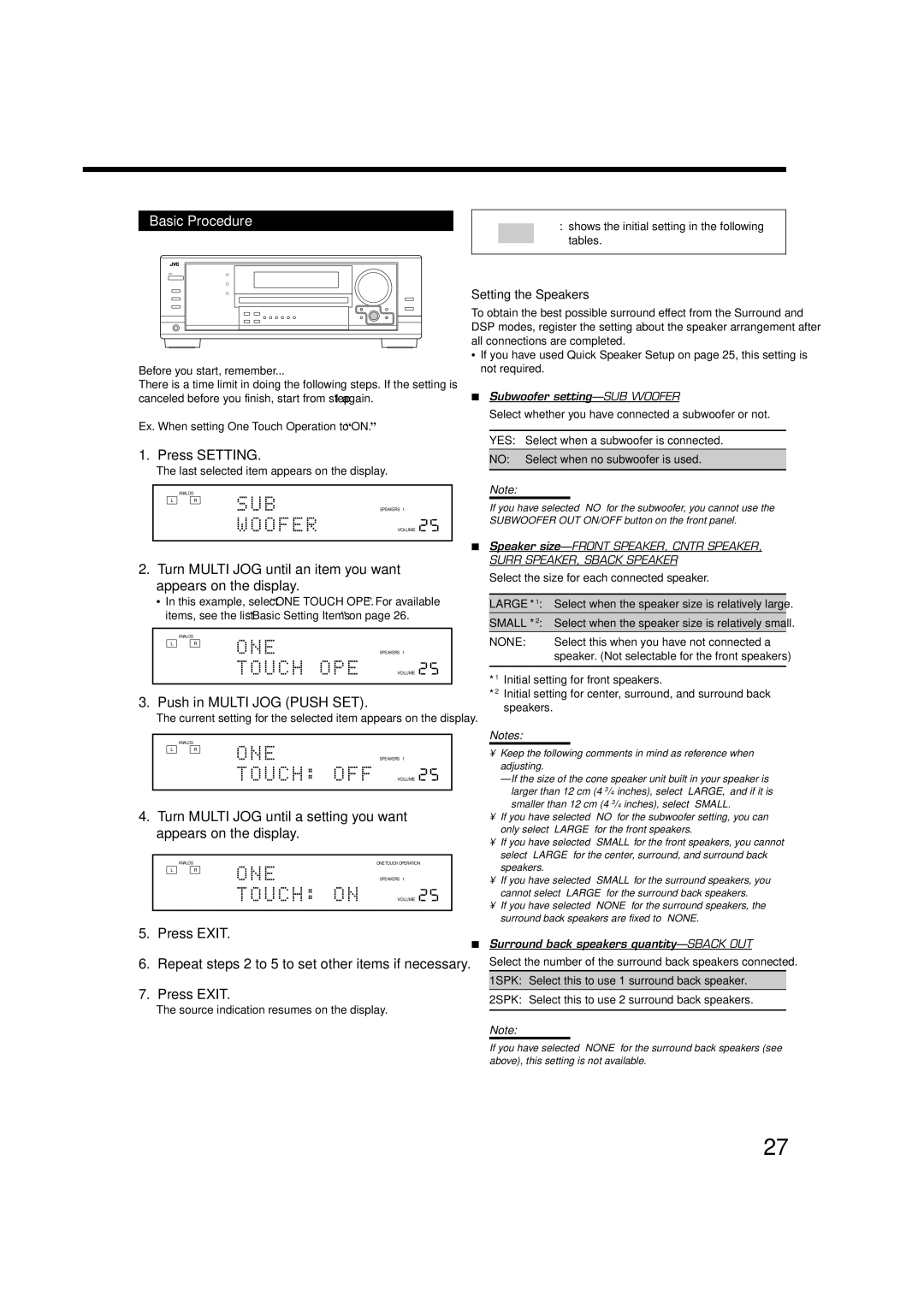 JVC RX-7030VBK, RX-8030VBK Basic Procedure, Press Setting, Push in Multi JOG Push SET, Press Exit, Setting the Speakers 