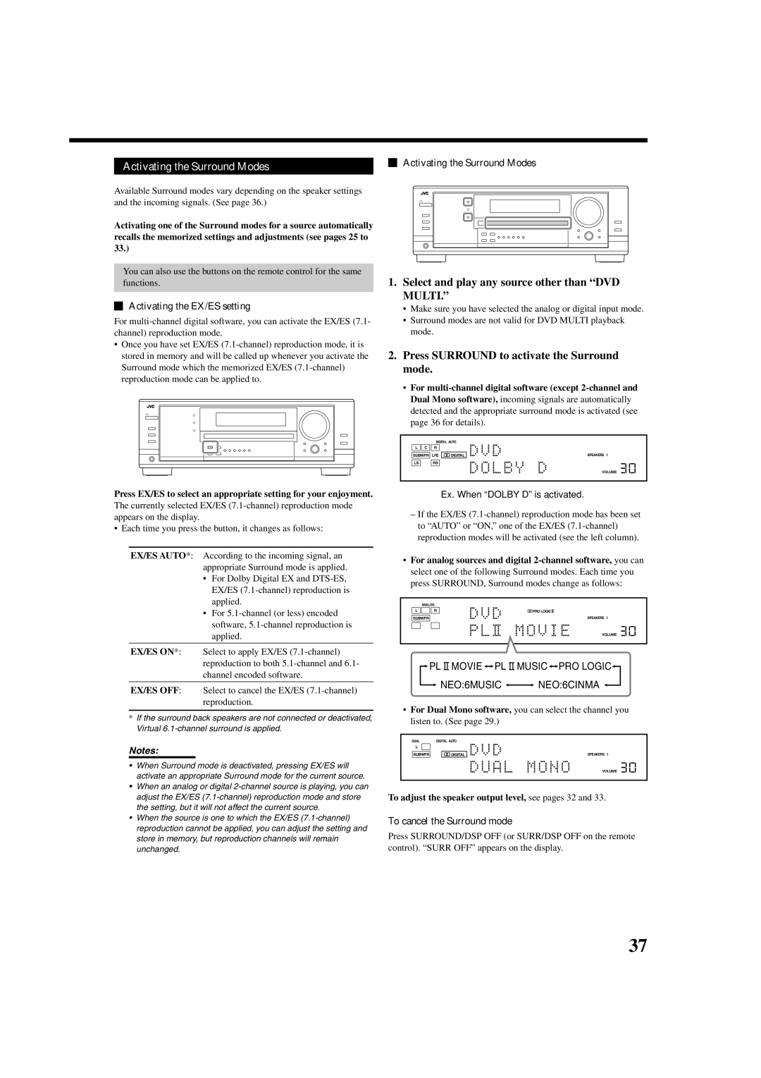 JVC RX-7030VBK, RX-8030VBK manual Activating the Surround Modes, Select and play any source other than DVD Multi 