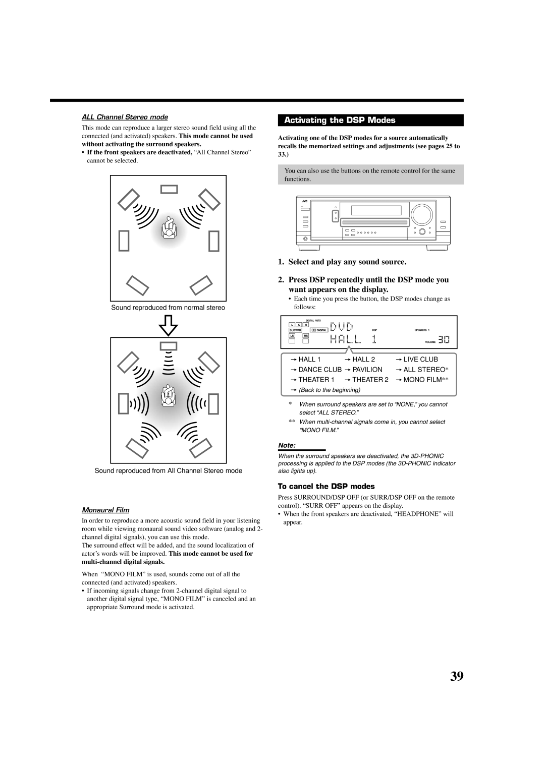 JVC RX-7030VBK, RX-8030VBK manual Activating the DSP Modes, To cancel the DSP modes, ALL Channel Stereo mode, Monaural Film 