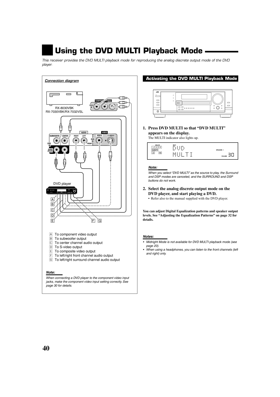 JVC RX-8030VBK Using the DVD Multi Playback Mode, Activating the DVD Multi Playback Mode, Multi indicator also lights up 