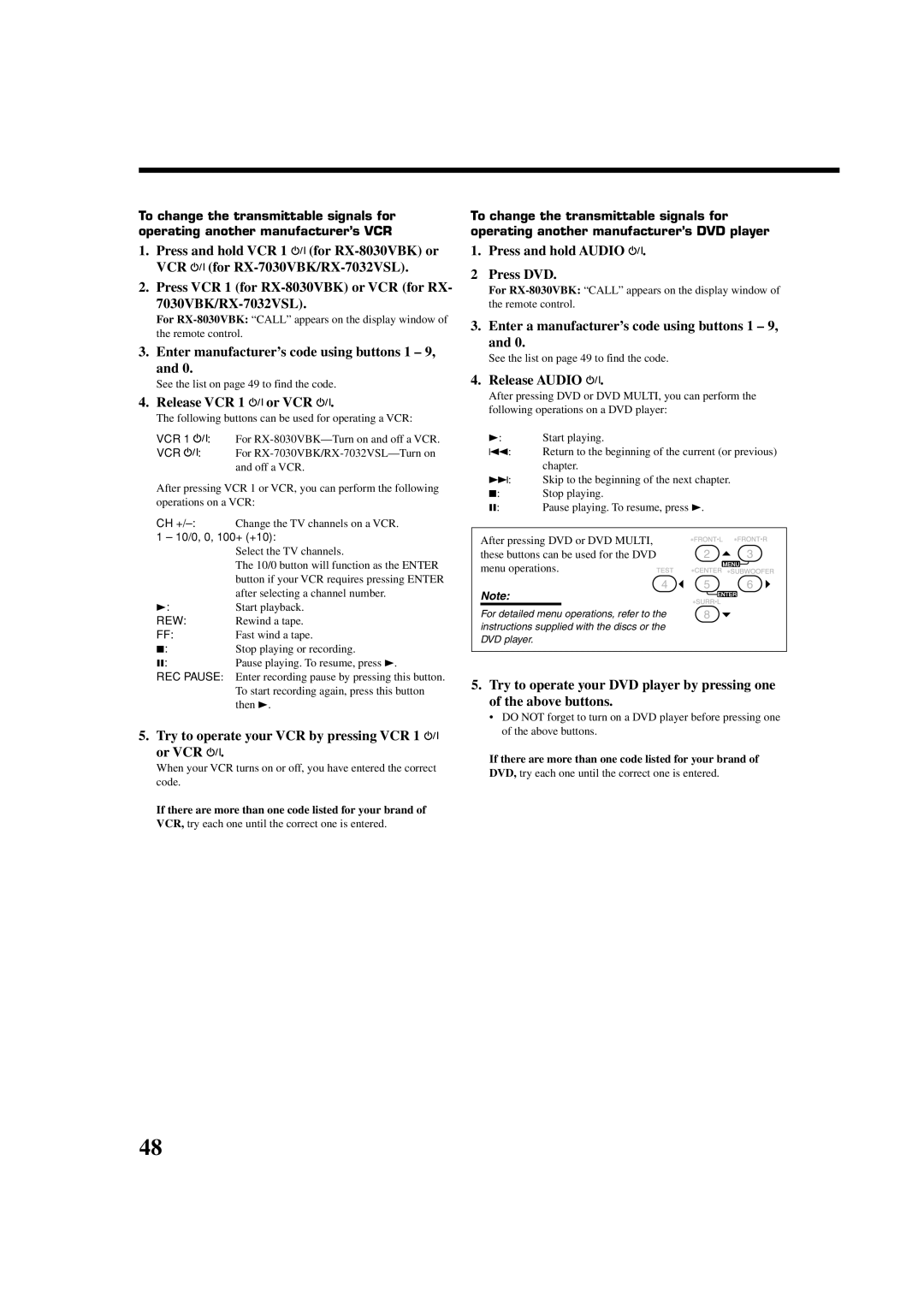 JVC RX-8030VBK manual Enter manufacturer’s code using buttons 1 9, Release VCR 1 or VCR, Press and hold Audio Press DVD 