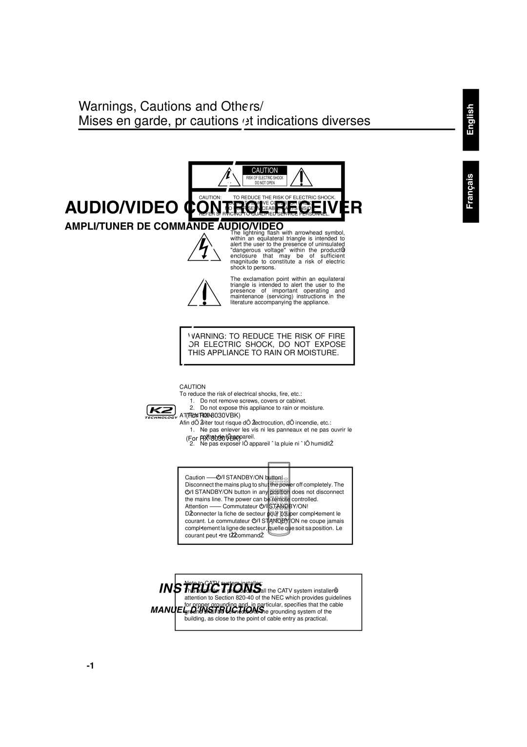 JVC RX-7030VBK, RX-8030VBK manual Mises en garde, précautions et indications diverses 