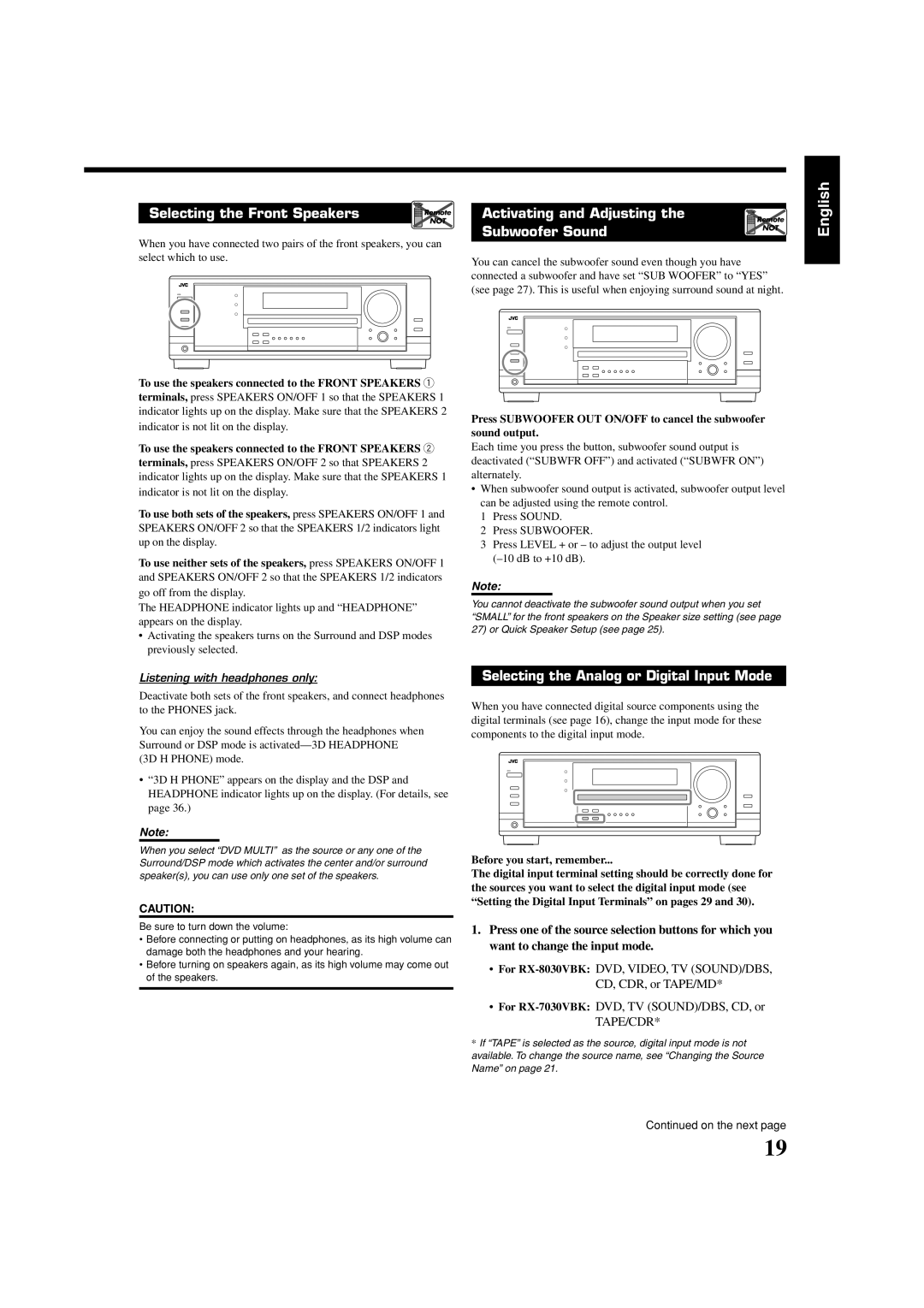 JVC RX-8030VBK, RX-7030VBK manual Selecting the Front Speakers 