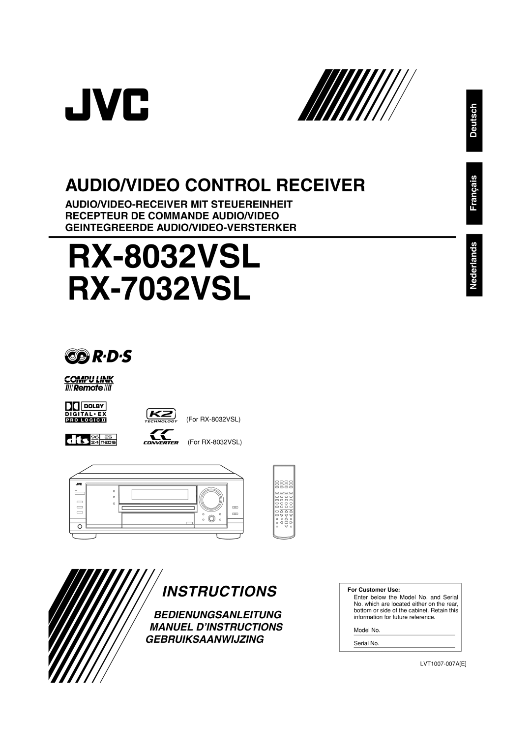 JVC manual AUDIO/VIDEO Control Receiver, For RX-8032VSL 