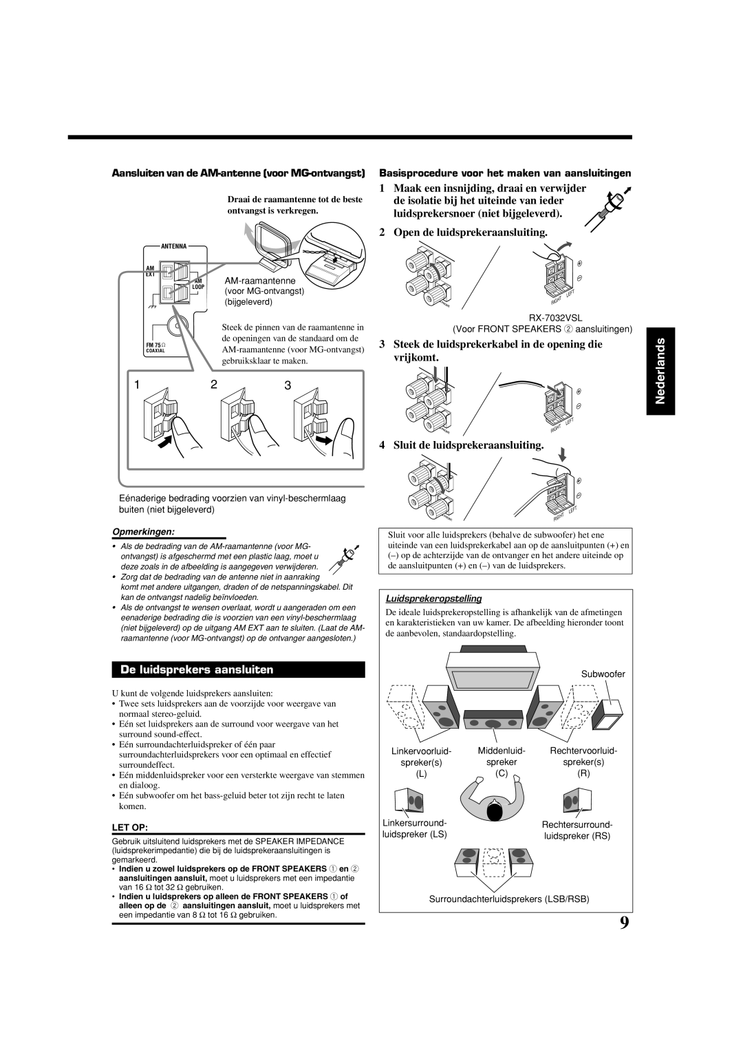 JVC RX-8032VSL manual De luidsprekers aansluiten, Steek de luidsprekerkabel in de opening die vrijkomt 