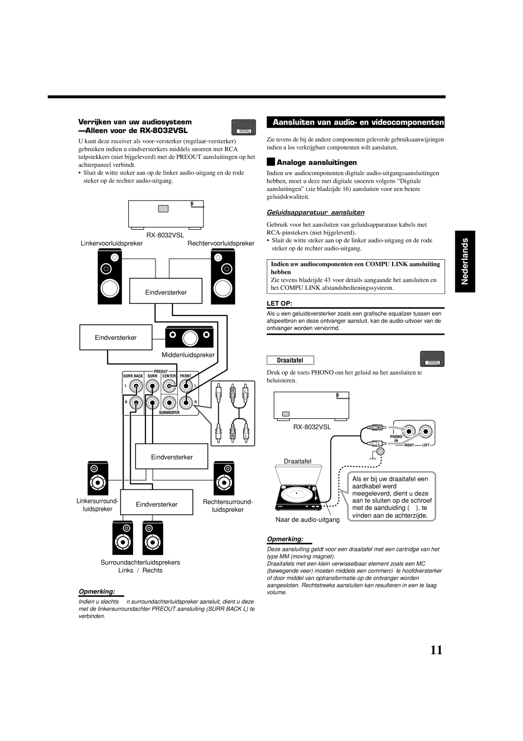 JVC Aansluiten van audio- en videocomponenten, Verrijken van uw audiosysteem, Alleen voor de RX-8032VSL, Draaitafel 