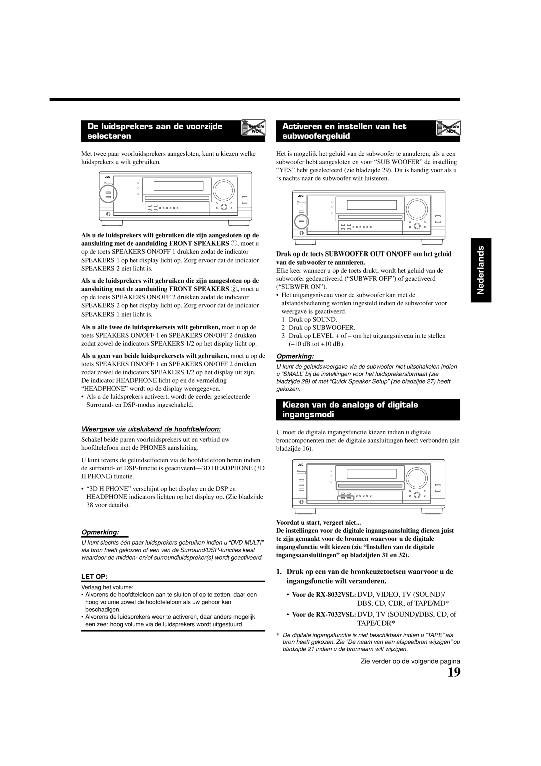 JVC RX-8032VSL manual Kiezen van de analoge of digitale Ingangsmodi, Weergave via uitsluitend de hoofdtelefoon 