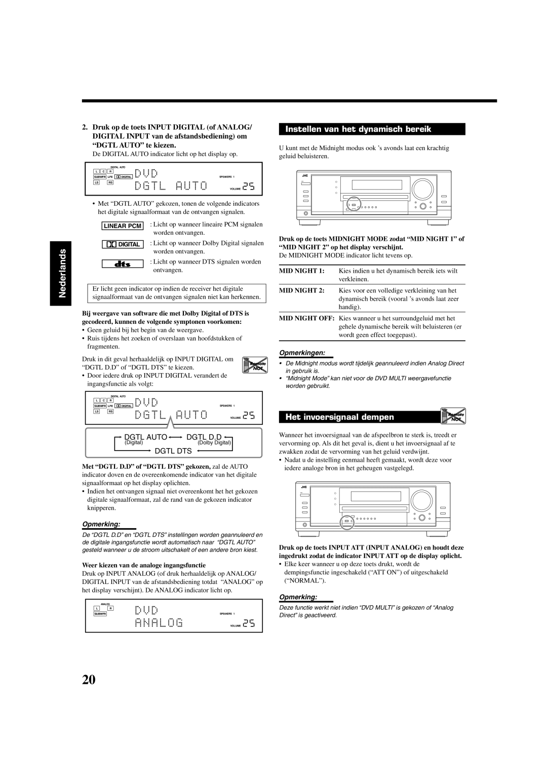 JVC RX-8032VSL manual Instellen van het dynamisch bereik, Bij weergave van software die met Dolby Digital of DTS is 