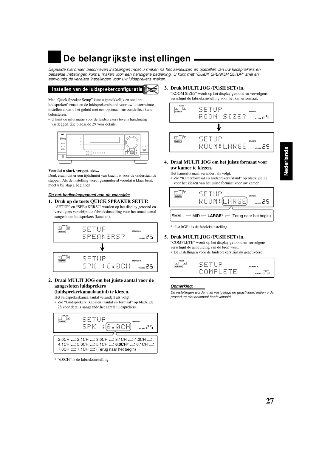 JVC RX-8032VSL De belangrijkste instellingen, Instellen van de luidsprekerconfiguratie Remote, Druk Multi JOG Push SET 