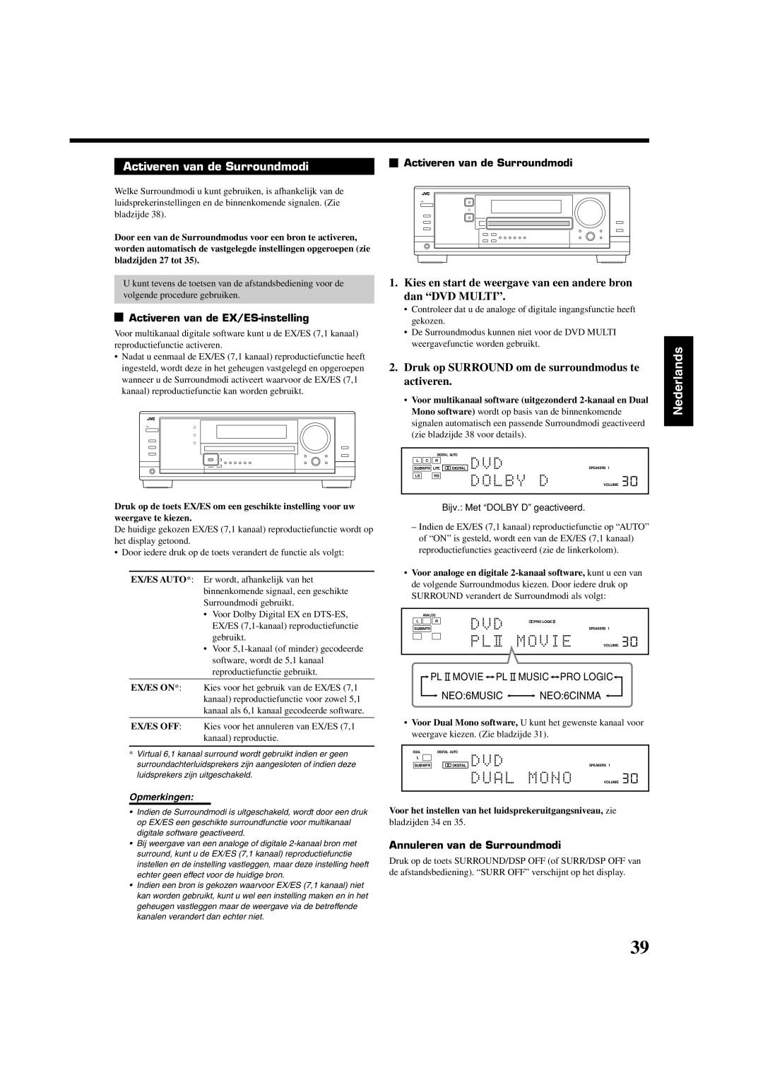 JVC RX-8032VSL manual Activeren van de Surroundmodi, Kies en start de weergave van een andere bron dan DVD Multi 