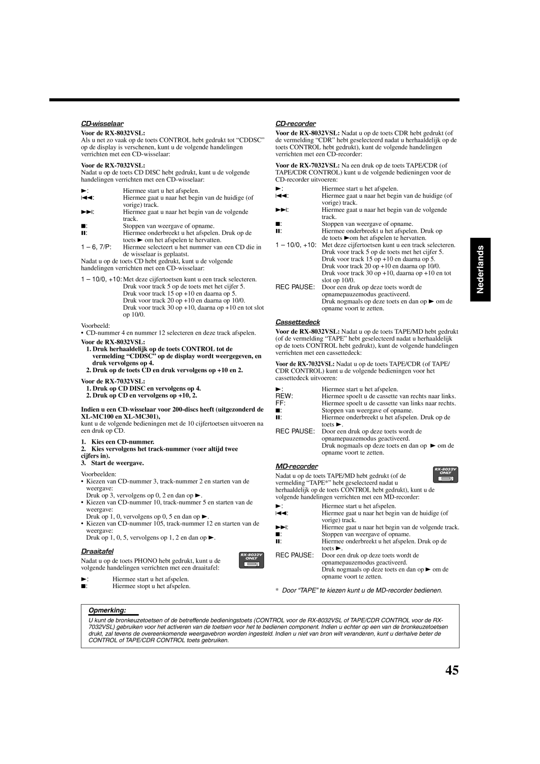 JVC RX-8032VSL manual CD-wisselaar, Hiermee start u het afspelen Hiermee stopt u het afspelen, CD-recorder, Cassettedeck 