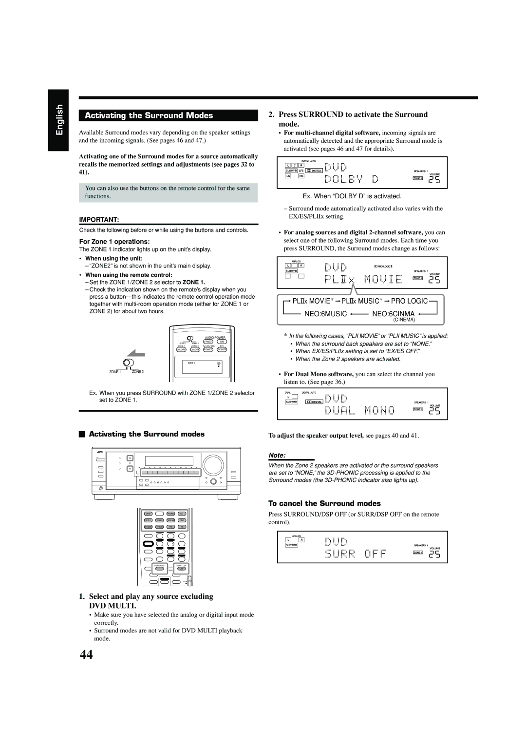 JVC RX-8040B manual Activating the Surround Modes, Control 