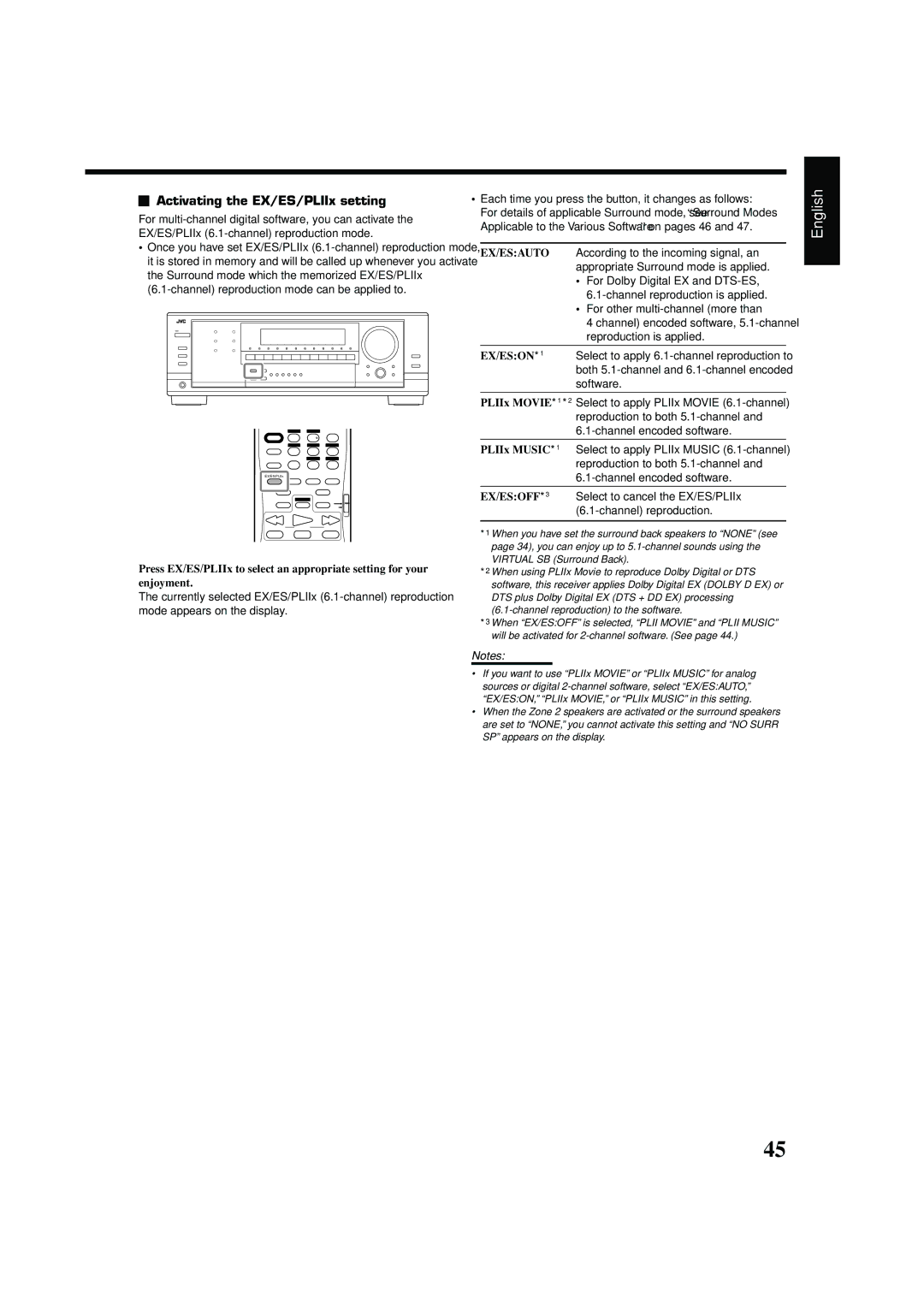 JVC RX-8040B manual Activating the EX/ES/PLIIx setting 