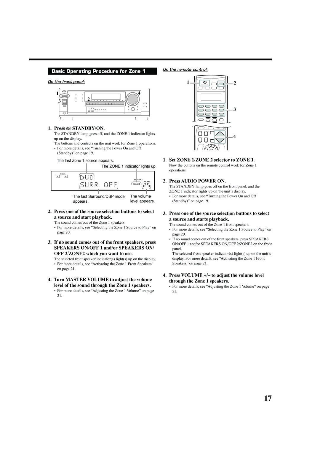 JVC RX-8040B manual Basic Operating Procedure for Zone, Press STANDBY/ON, Set Zone 1/ZONE 2 selector to Zone 