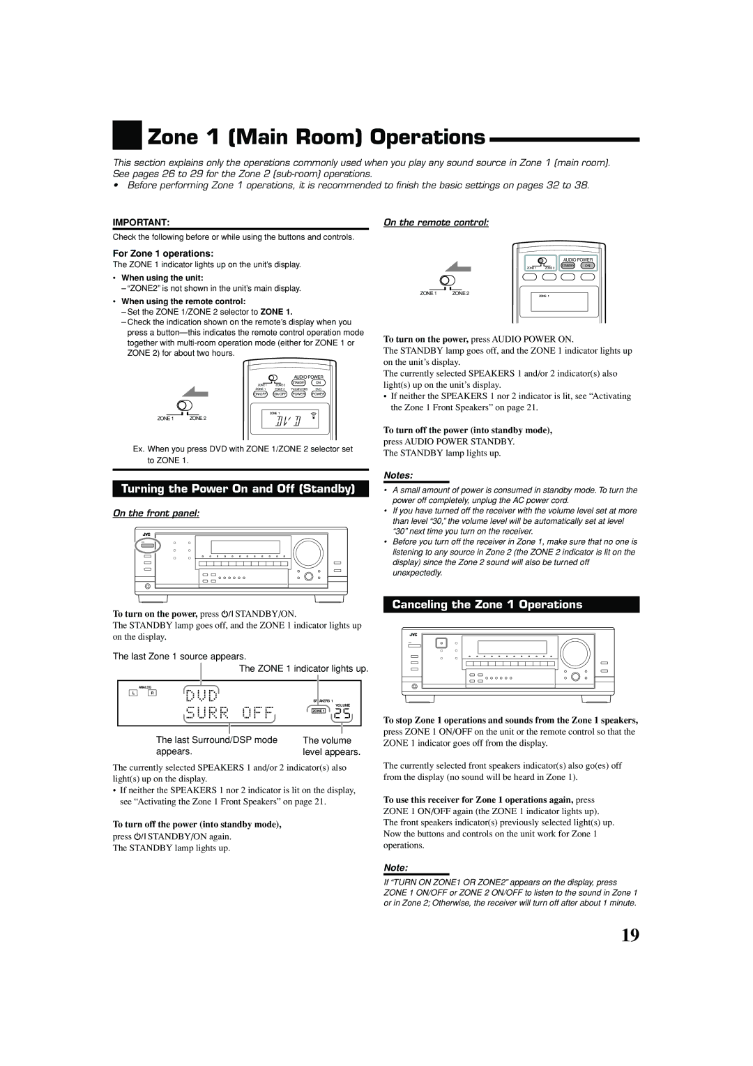 JVC RX-8040B manual Zone 1 Main Room Operations, Turning the Power On and Off Standby, Canceling the Zone 1 Operations 