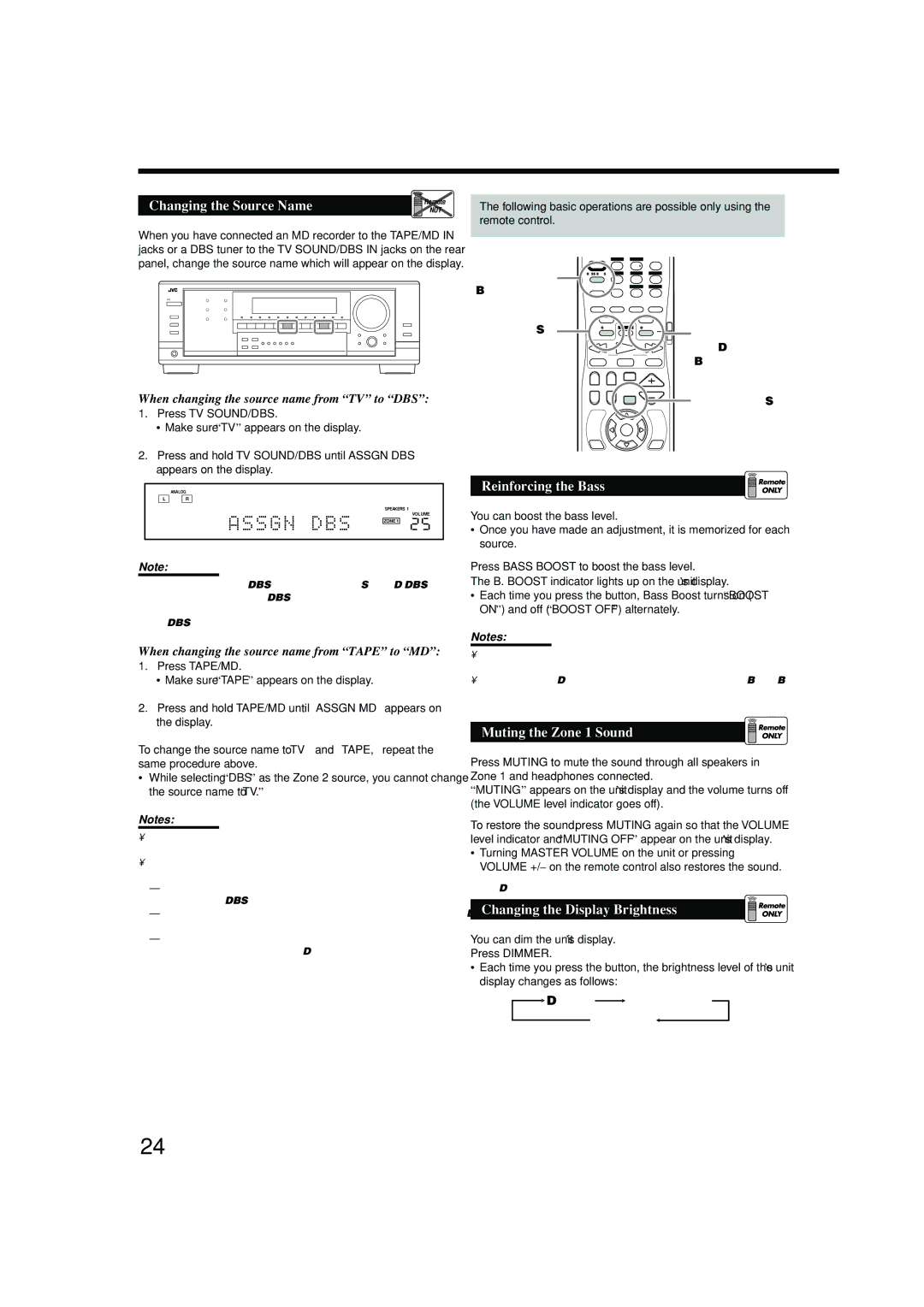 JVC RX-8040B manual Reinforcing the Bass, Muting the Zone 1 Sound, Changing the Display Brightness 